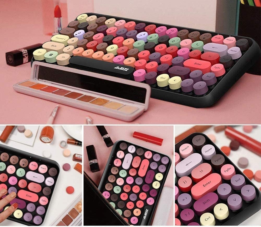 The keyboard surrounded by bits of makeup