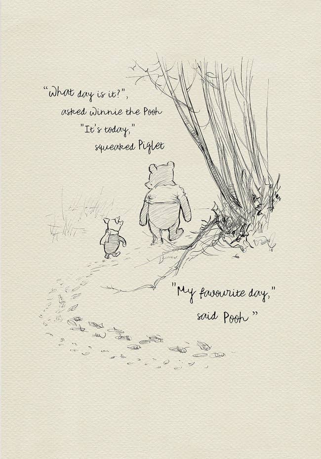 The print, which shows Pooh and Piglet walking in the woods with the quote 
