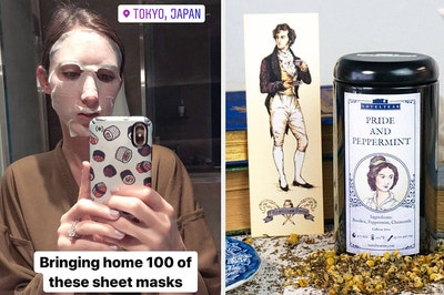 on left reviewer wearing sheet mask labeled "bringing home 100 of these sheet masks" and on right a Pride and Prejudice tea set 