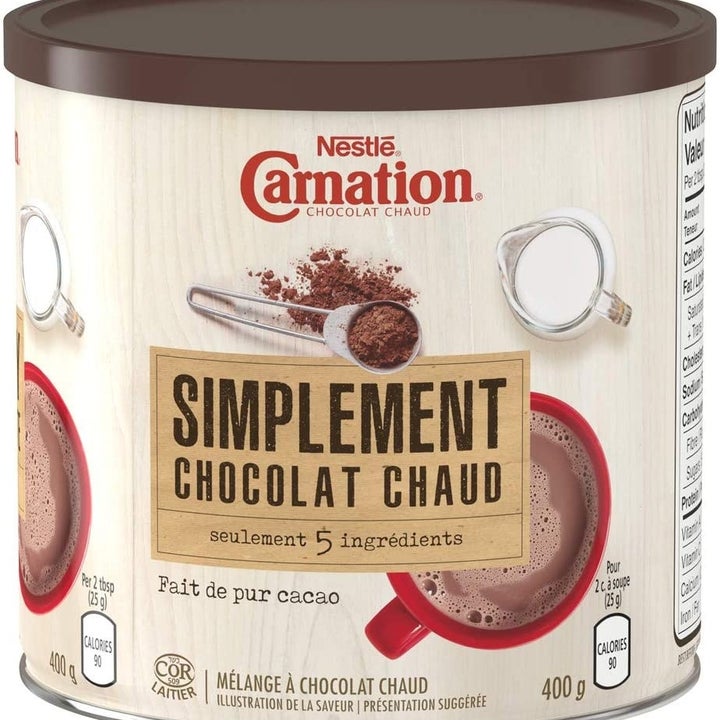 A container of hot chocolate mix