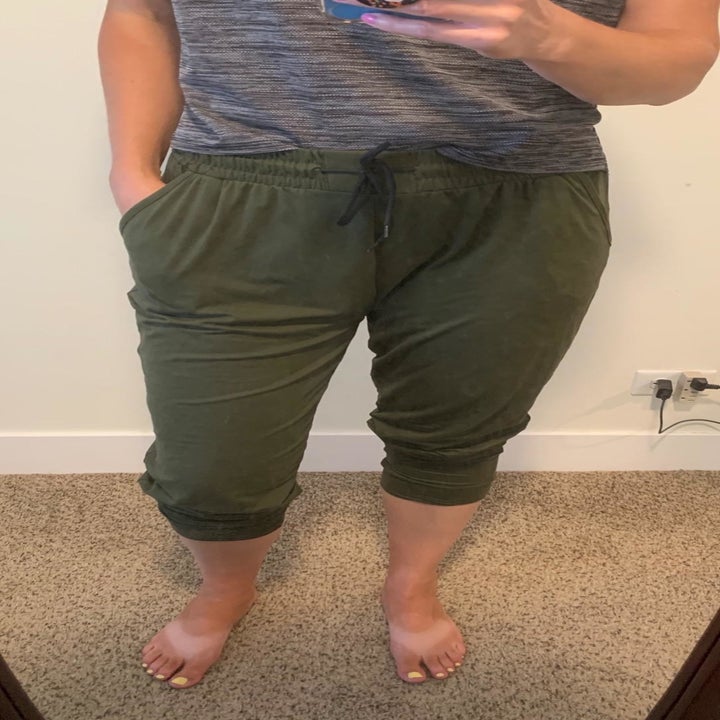 Reviewer wearing olive Leggings Depot joggers
