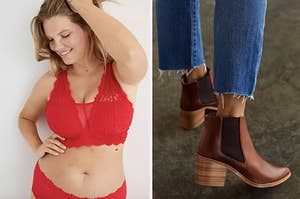 on left model wearing red lace bra and on right brandy colored block heel chelsea booties 