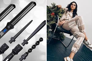 on the left curling wands and on right model wearing tie dye sweatsuit 