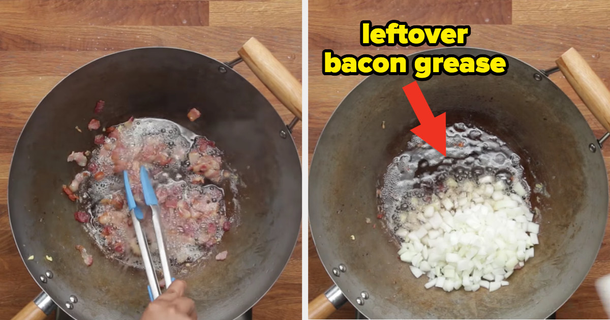 A pan of cooked bacon, and the same pan with leftover bacon grease being cooked with onions