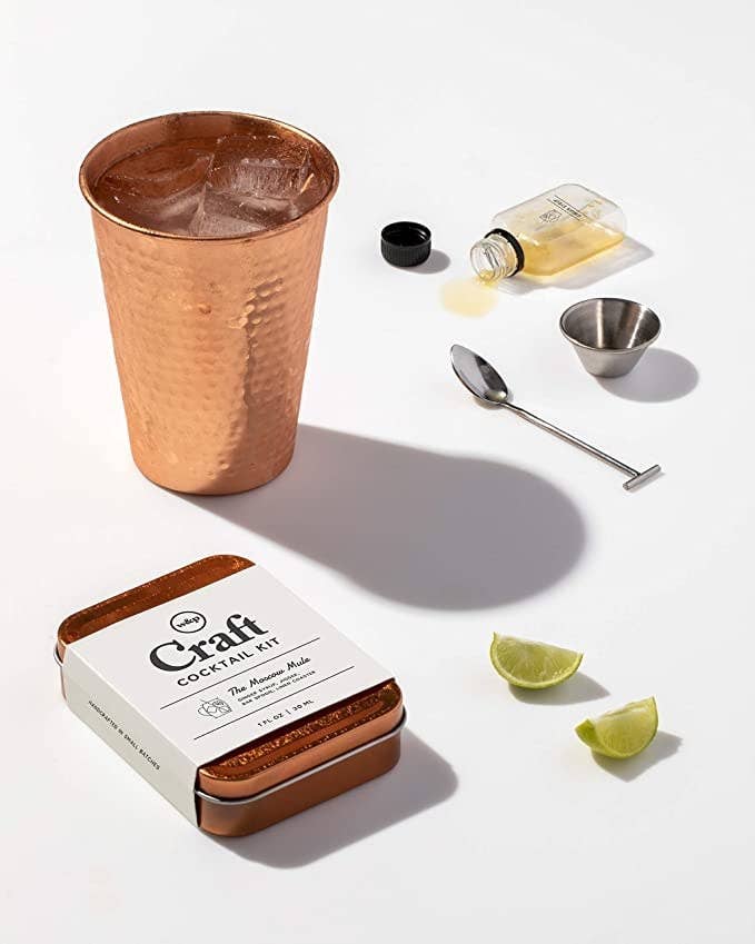The kit styled with a Moscow mule up, mini barspoon, and small bottle of mixer