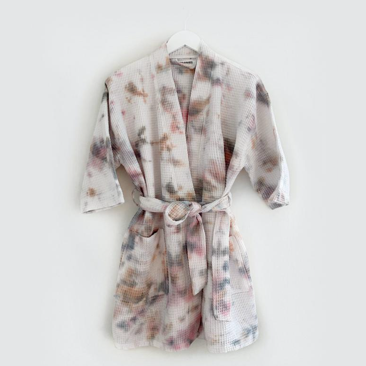 a tie dye beige waffle knit robe