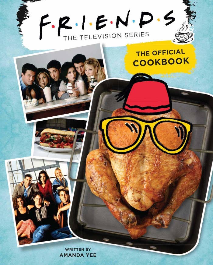 cover of the cookbook with a turkey and pictures of the friends that says written by Amanda Yee