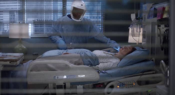Meredith in a hospital bed and Richard checking her