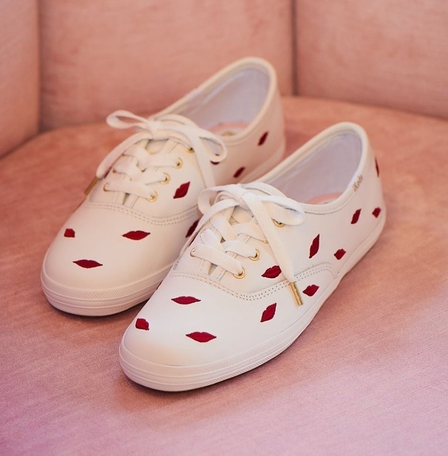 The sneakers on a plush chair