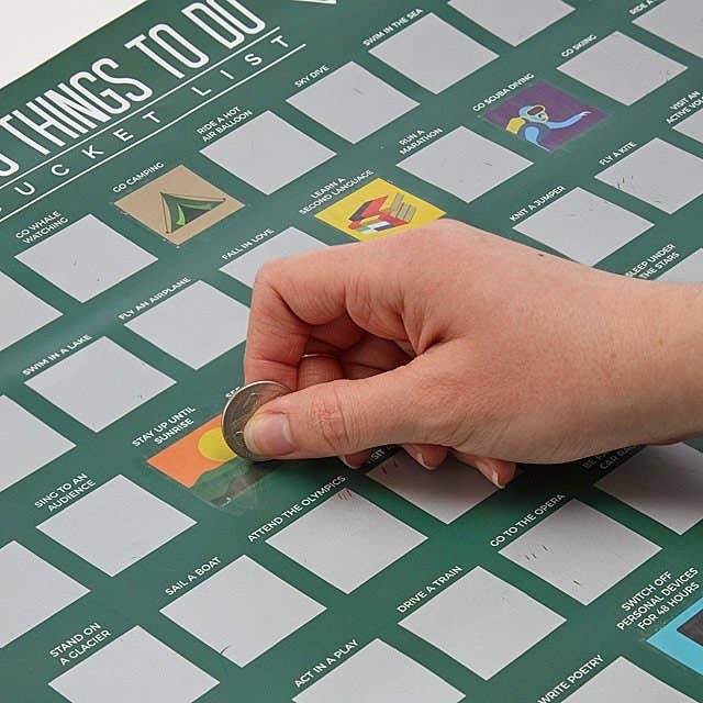 Model scratching off gray box on scratch off poster
