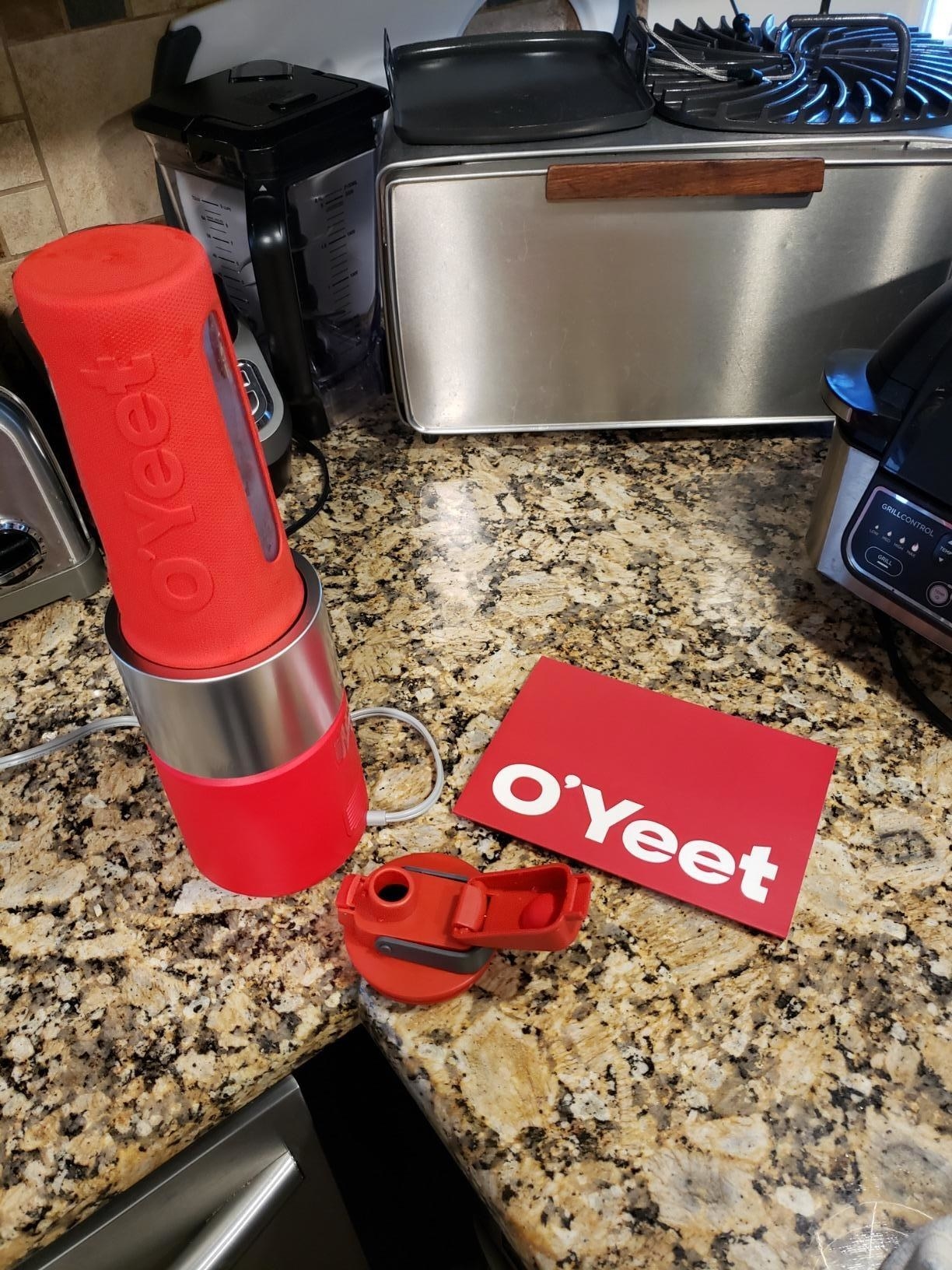 reviewer image of the o&#x27;yeet personal blender on a kitchen counter