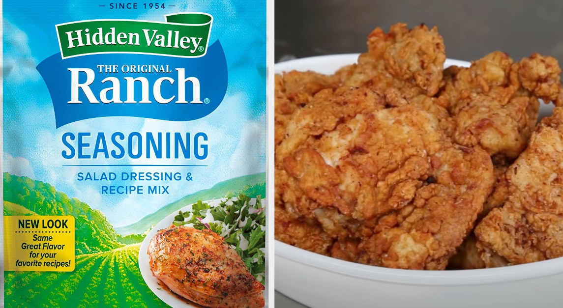 A bag of Hidden Valley Ranch seasoning; a bowl of fried chicken