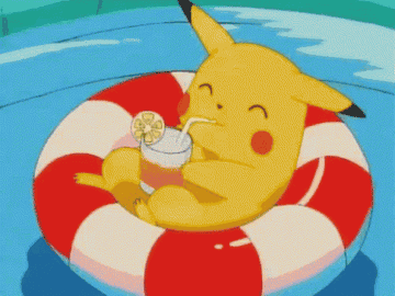 Pikachu lounging in a pool float 
