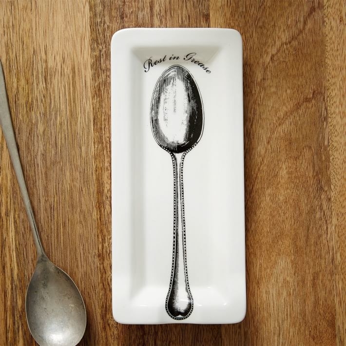 spoon rest with illustration of a spoon on it that says &quot;rest in grease&quot; 