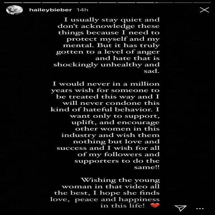 Hailey saying she tries to uplift other women and wishes her followers will do the same