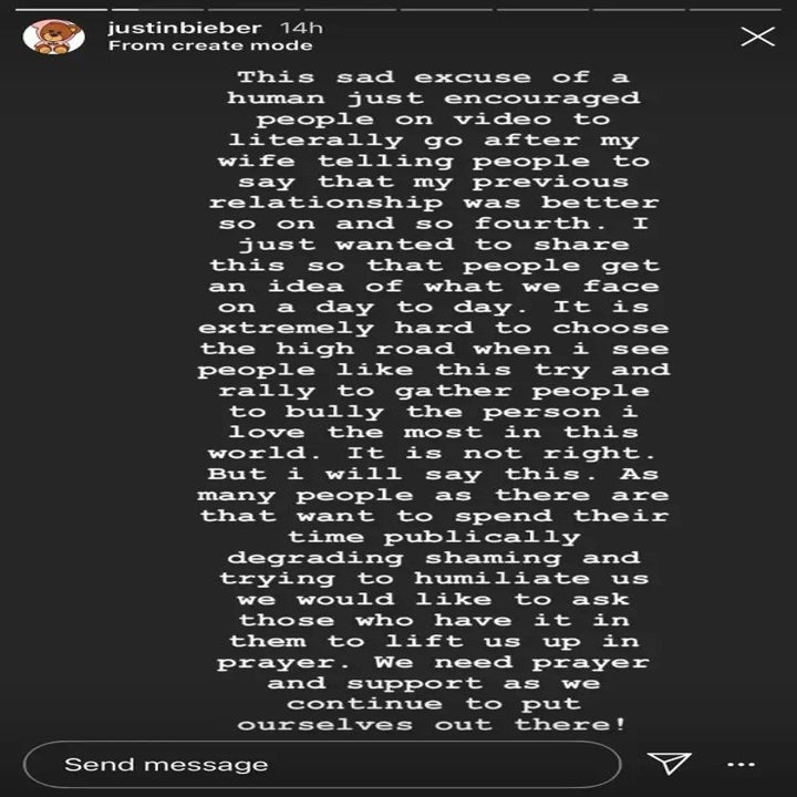 Justin calling the person who said Jelena fans should bully Hailey a sad excuse of a human and saying he's posting this to show what he and Hailey deal with 