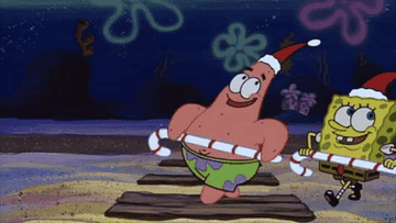 SpongeBob and Patrick wearing Santa hats and dancing with candy canes