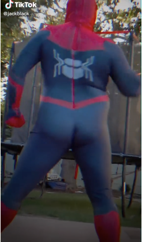 Jack Black dancing in a Spider-Man costume