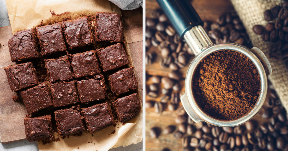 A fresh sheet of baked brownies; a spoon full of coffee grounds