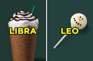 On the left, a Java Chip Frappuccino labeled "Libra," and on the right, a snowman cake pop labeled "Leo"