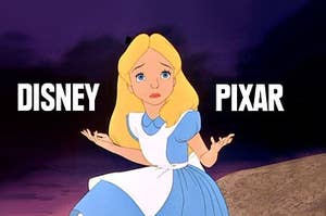 Alice in Wonderland wondering if she's a Disney or Pixar girl