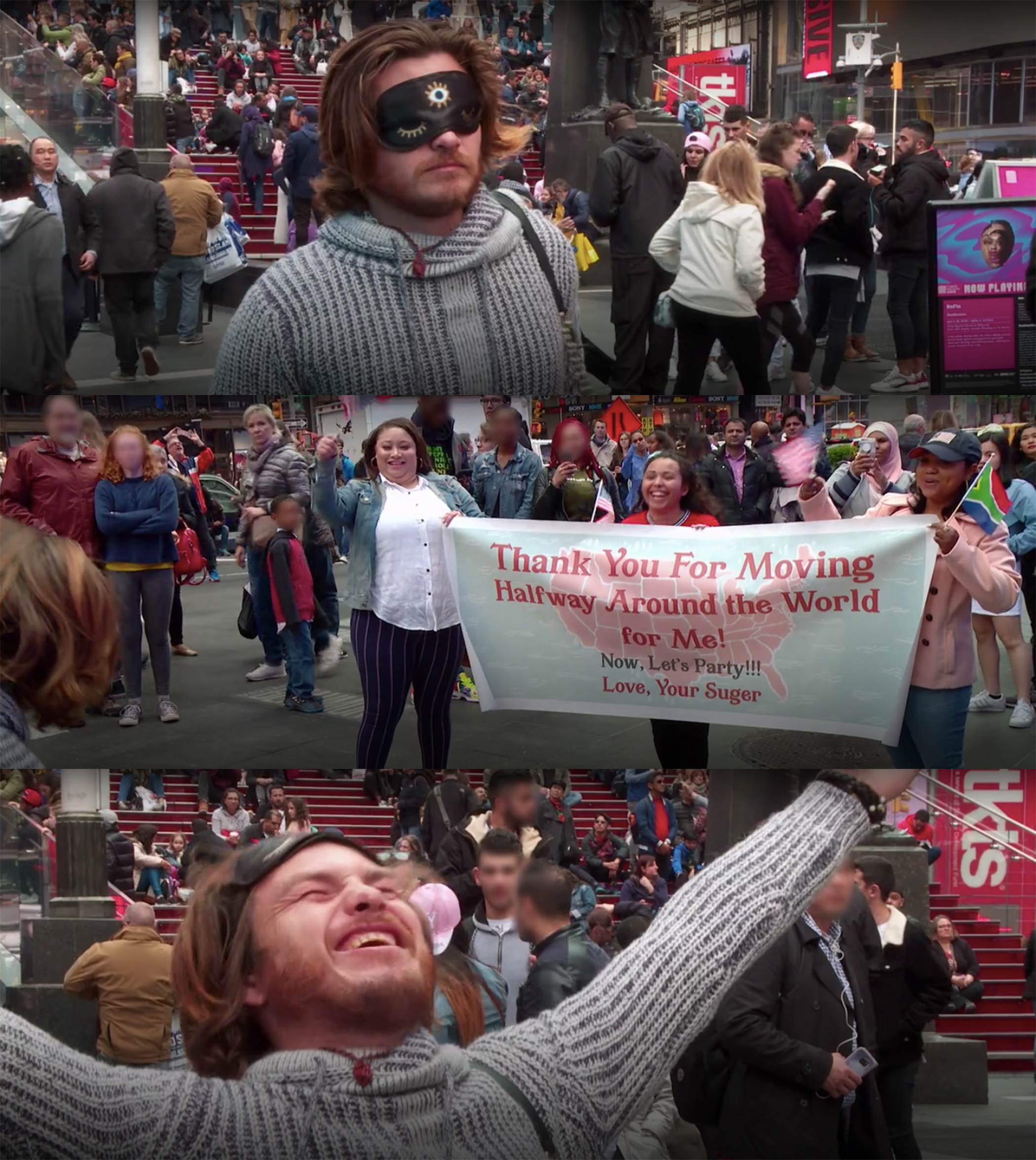 Tania holds a banner that says &quot;Thank you for moving halfway around the world for me&quot;