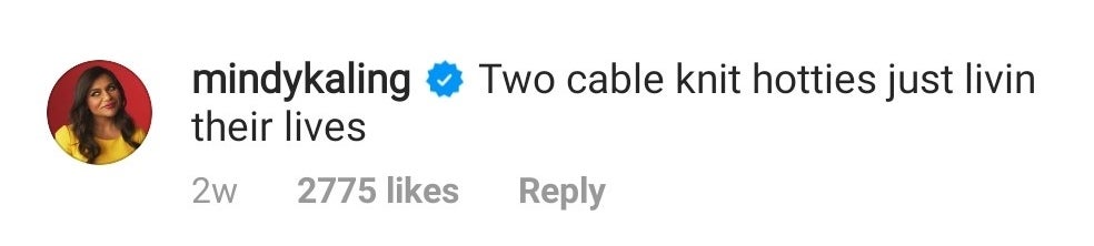 Mindy Kaling's Instagram comment regarding Sarah and Chris' sweaters, which has almost three-thousand likes