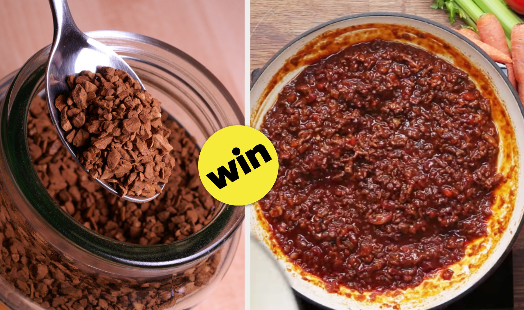 A jar of instant coffee with a spoon; a bowl of fresh bolognese sauce