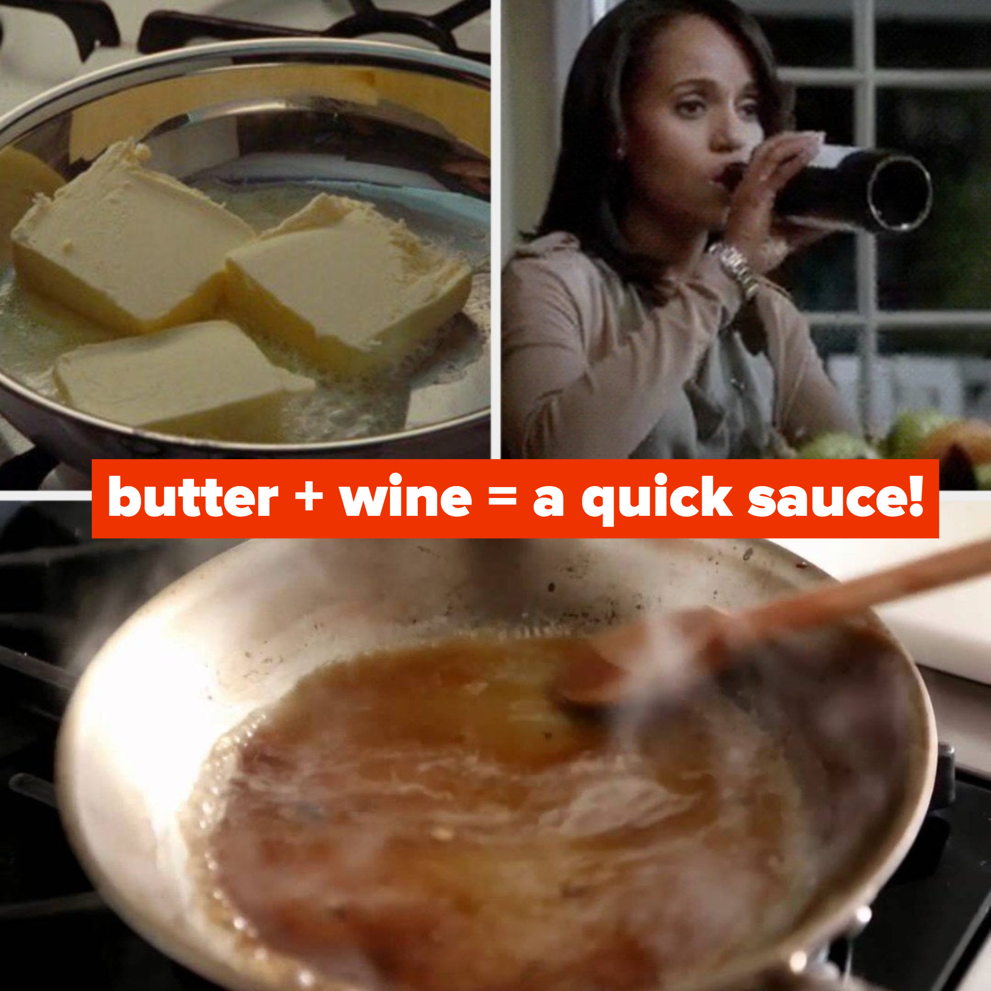 Three slabs of butter cooking in a pan from &quot;Julie &amp;amp; Julia;&quot; Olivia Pope from &quot;Scandal&quot; drinking wine; Martha Stewart deglazing a pan with a wooden spoon