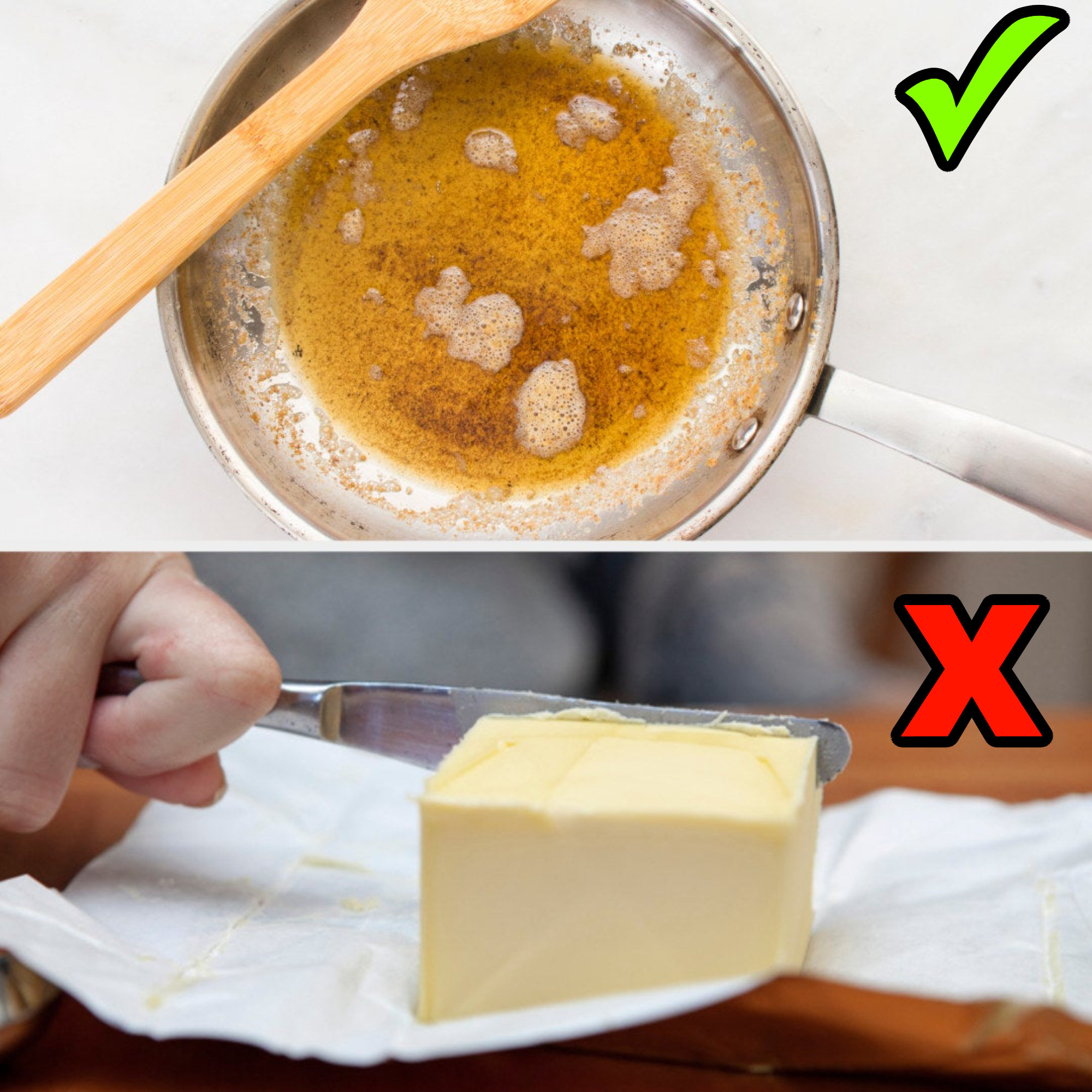 A pot of browned butter and a thick slab of regular butter being cut with a knife