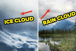 On the left, a snowy mountain with an arrow pointing to a cloud and "ice cloud" typed next to it, and on the right, mountains with clouds overhead with an arrow pointing to one of them and "rain cloud" typed next to it