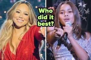 Mariah Carey at a concert and Olivia Olson in Love Actually with text, "Who did it best?"