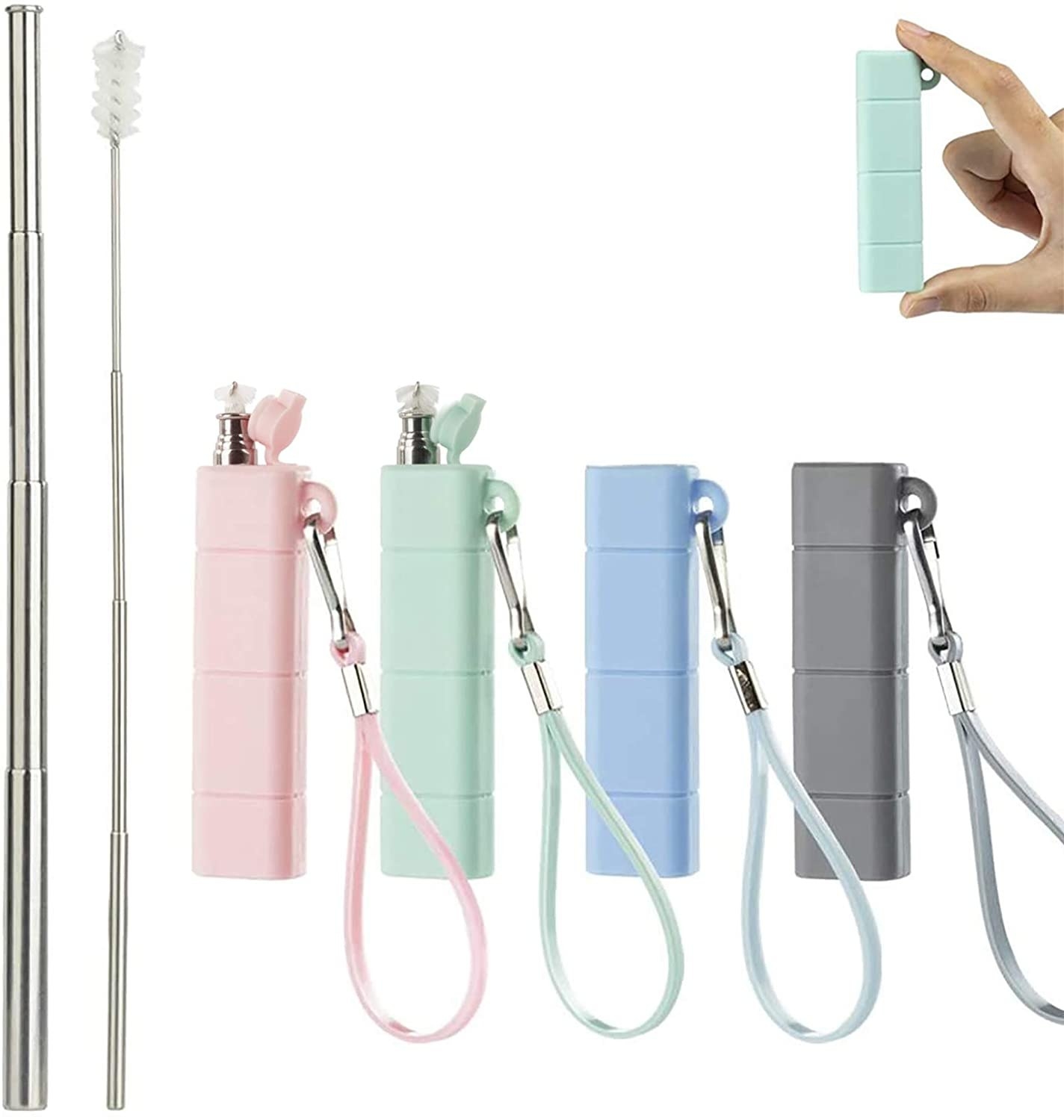 A collapsible straw, cleaning brush, and four carrying cases in pink, green, blue, and grey