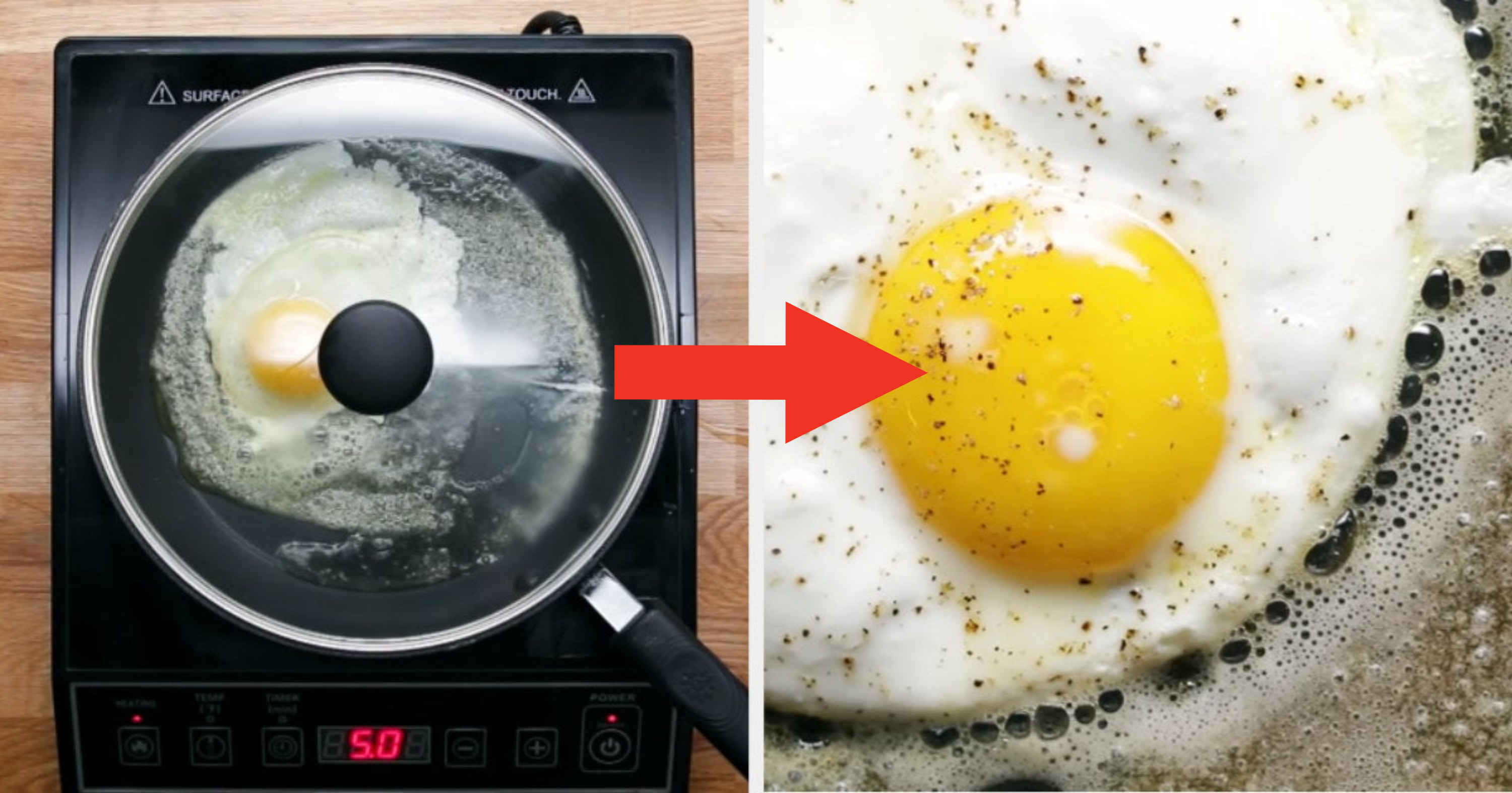 An over-easy egg being cooked in a pan with the lid on top of it