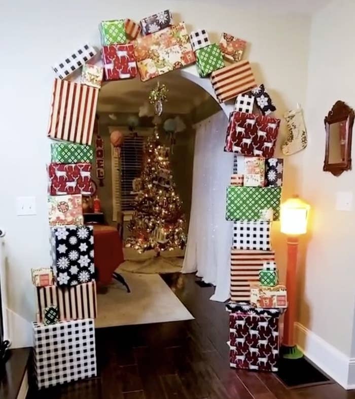 A doorway surrounded by colorful presents