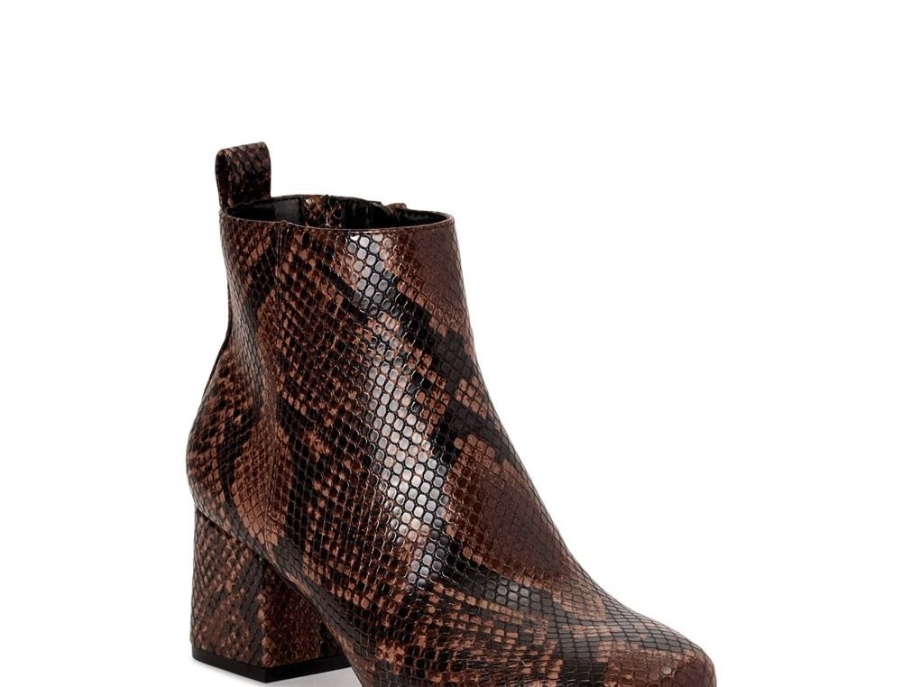 snake print boots in black and brown faux leather 