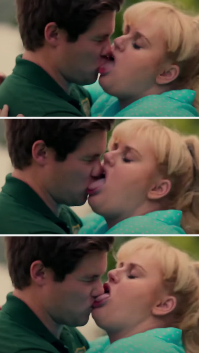 Fat Amy and Bumper kissing with her tongue on his nose