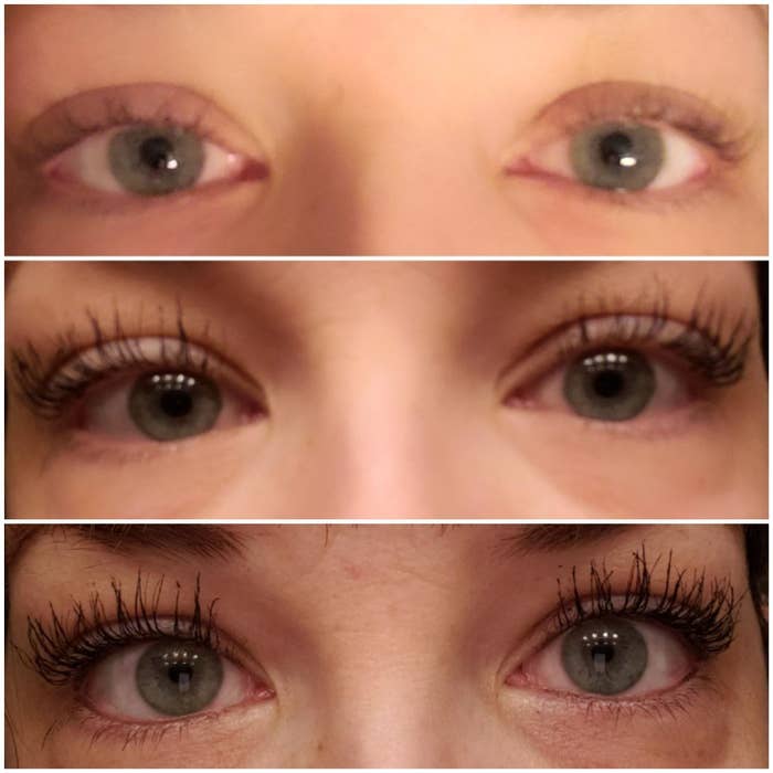 A reviewer&#x27;s lashes before mascara, after one layer, and after two layers, with dramatic length and volume after
