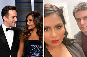 B.J. and Mindy smiling at each other at the Vanity Fair Oscars party, next to a selfie of them 