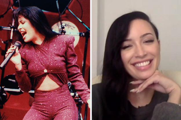 Selena singing at the Astrodome and Christian Serratos taking a Selena quiz