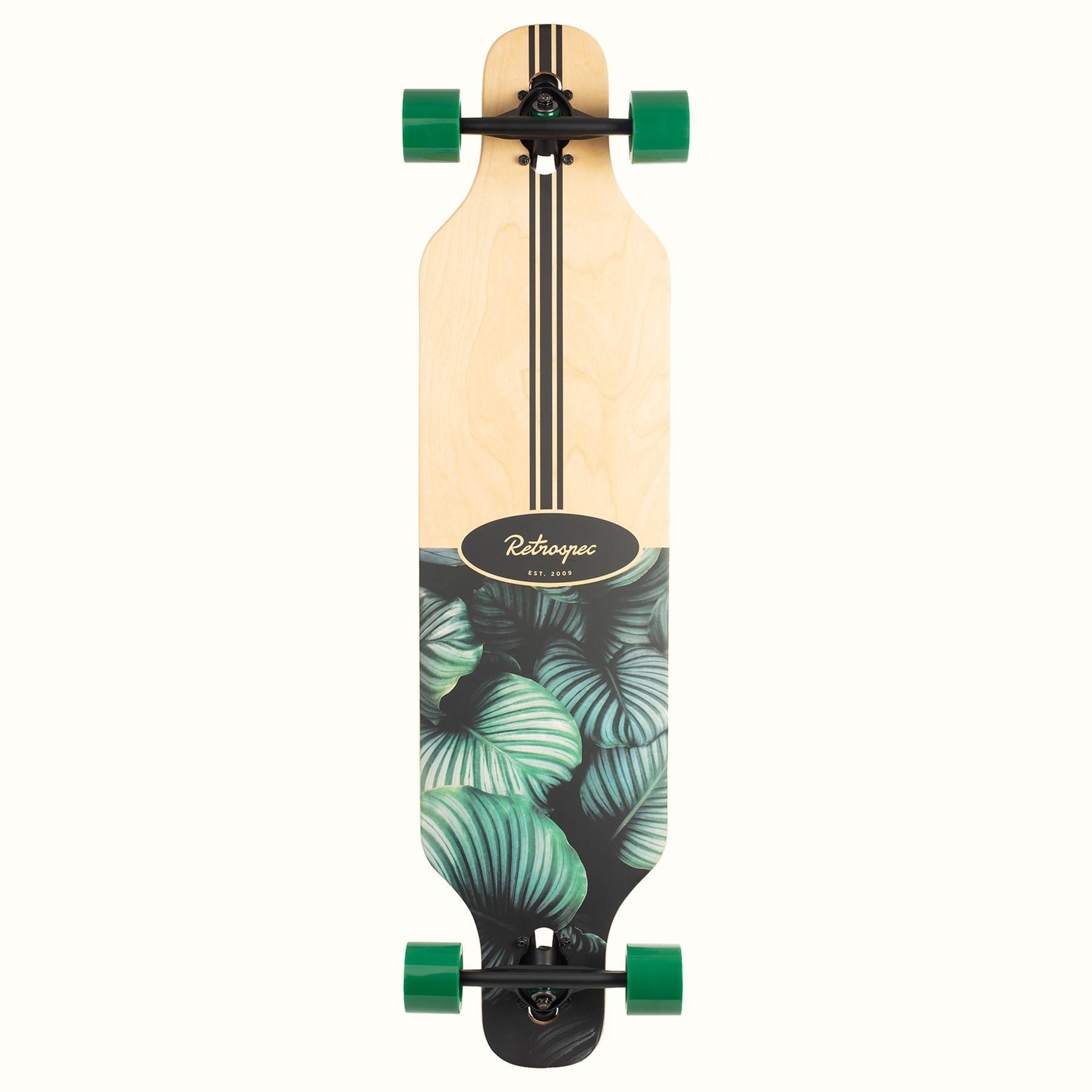 the skateboard with a leaf pattern on the bottom