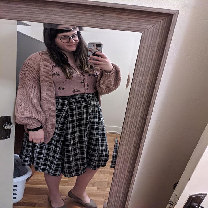 the cardigan in pale purple on a reviewer 