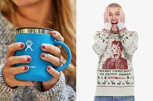 to the left: a blue hydroflask mug, to the right: a model in a home alone holiday sweater