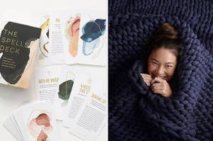 to the left: the spells deck, to the right: a model wrapped in a blanket