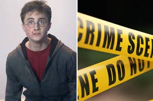 (left) A bloody Harry Potter looks up in fear; (right) a close up of yellow crime scene tape