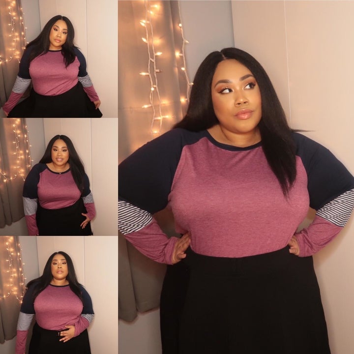 reviewer wearing top tucked in 