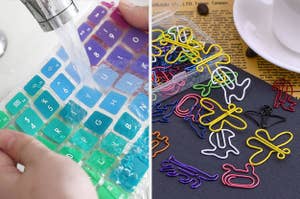 split thumbnail of mac book keyboard running under water for cleaning, colorful animal-shaped paper clips