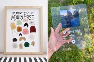 on left a Moira Rose wig art print and on right a clear Spotify album cover 