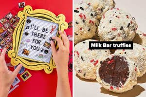 on the left a Friends letter board and on right spicy honey being put on cheese board 