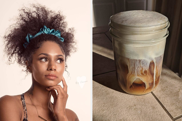 A satin scrunchie / a foamy iced coffee